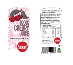 BiteRiot 100% Cherry Juice front and back label
